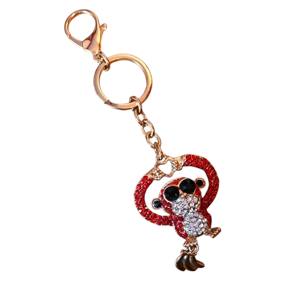 Red and White Rhinestone, Gold Tone Backing Monkey Keychain or Bag Charm - Picture 1 of 2